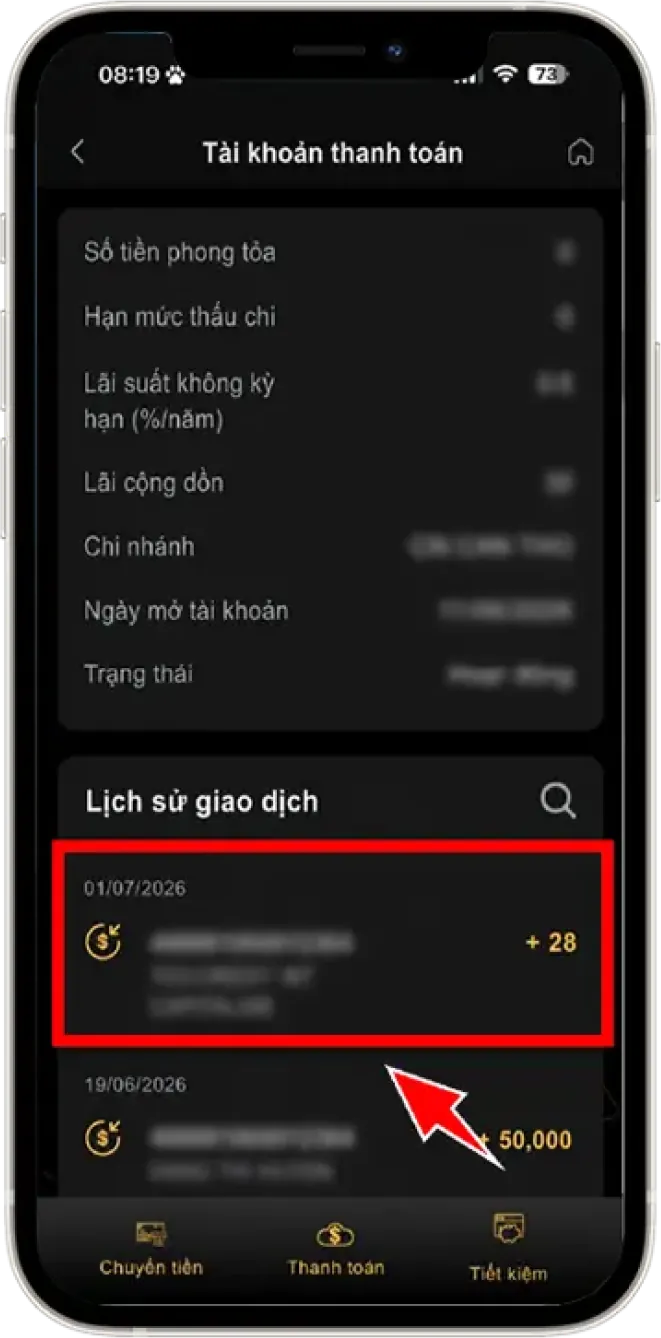 Bước 3: Nhấn vào LỊCH SỬ GIAO DỊCH ➜ Chọn giao dịch cẩn kiểm tra