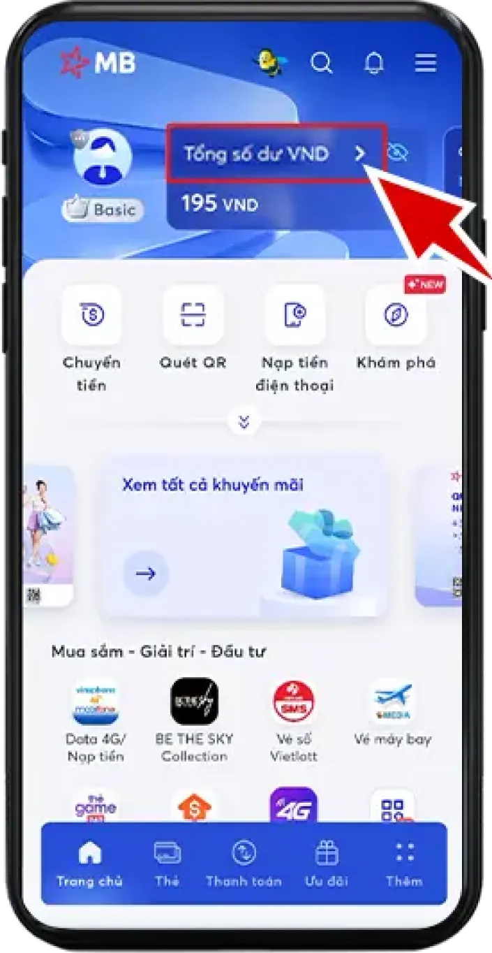Bước 1: Tại giao diện chính chọn TỔNG SỐ DƯ