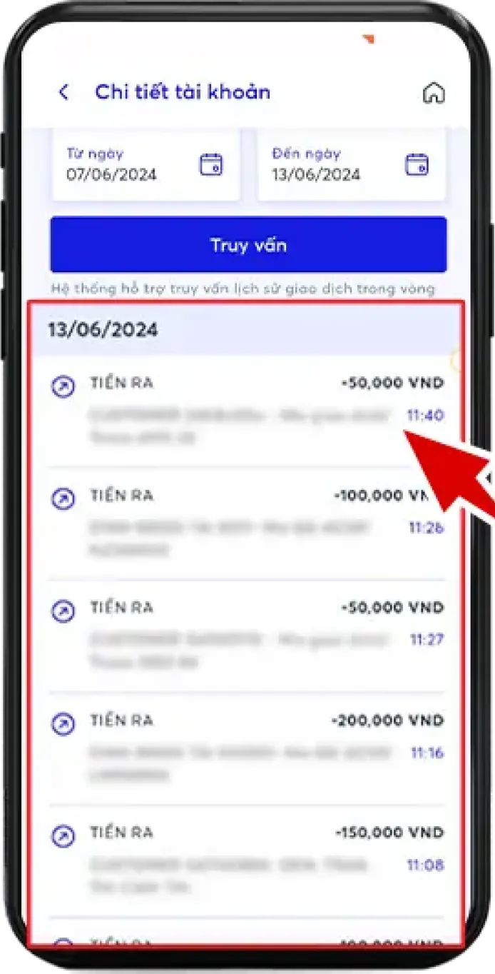 Bước 4: Tìm kiếm hóa đơn cần kiểm tra. Sau đó chụp lại hóa đơn có đầy đủ thông tin người nhận và nội dung chuyển khoản