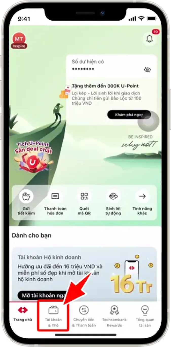 Bước 1: Tại giao diện chính ➜ Chọn TÀI KHOẢN và THẺ
