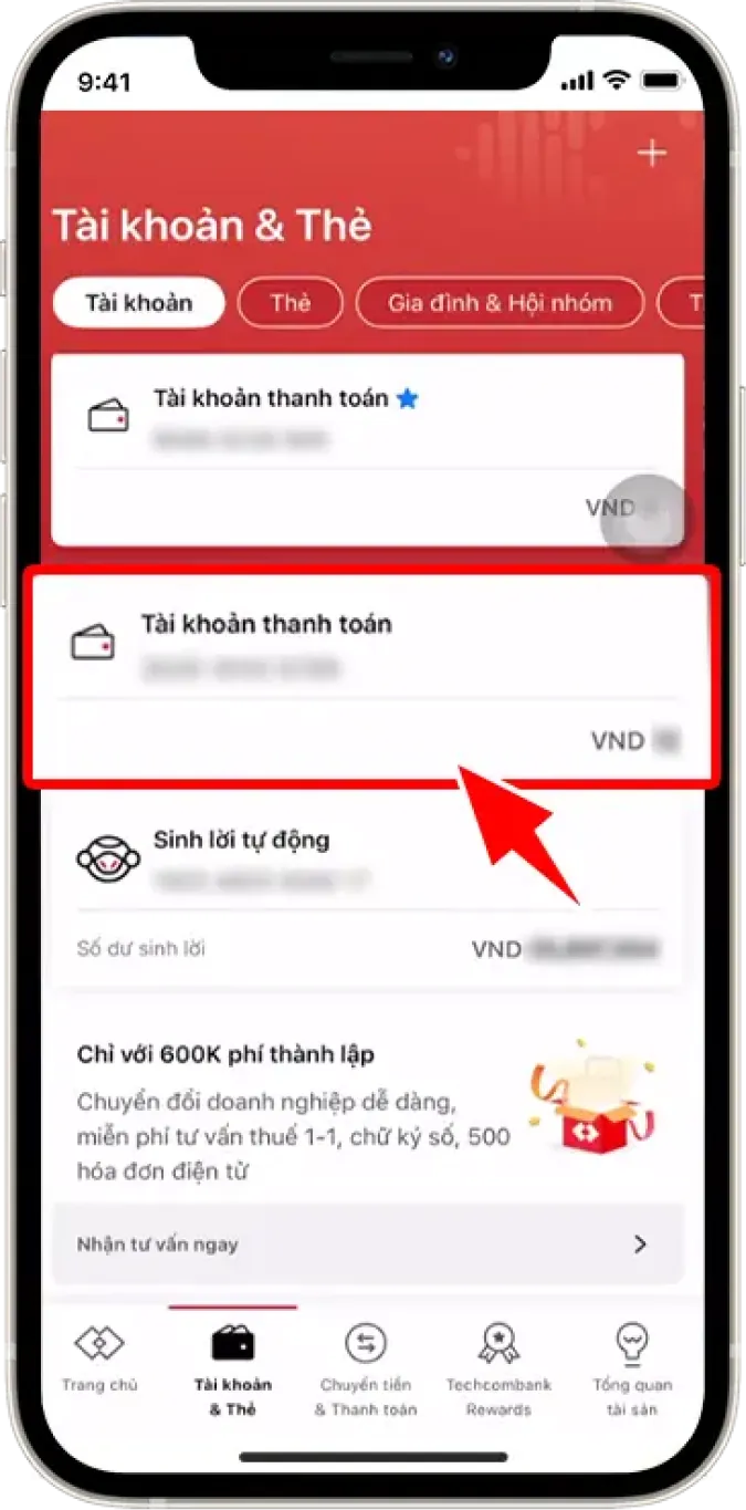 Bước 2: Chọn TÀI KHOẢN THANH TOÁN