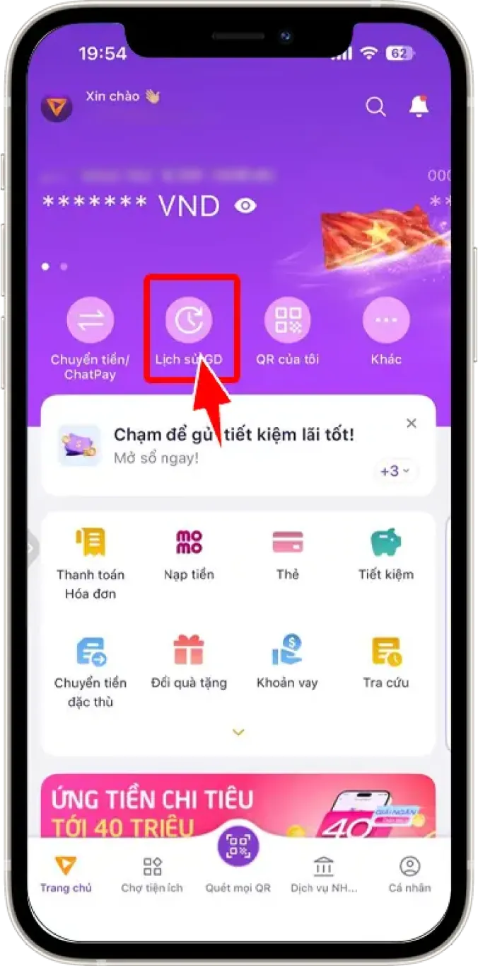 Bước 1: Đăng nhập vào App ➜ Chọn LỊCH SỬ GD