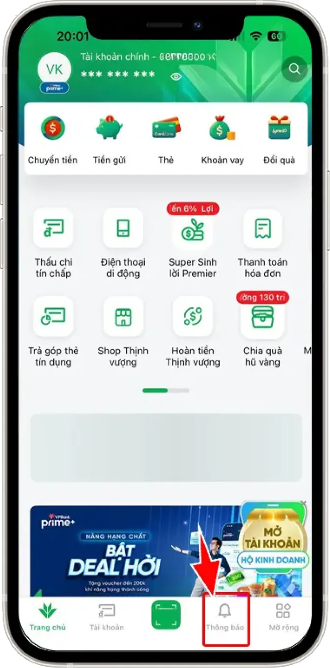 Bước 1: Đăng nhập vào App ➜ Chọn THÔNG BÁO hình chuông