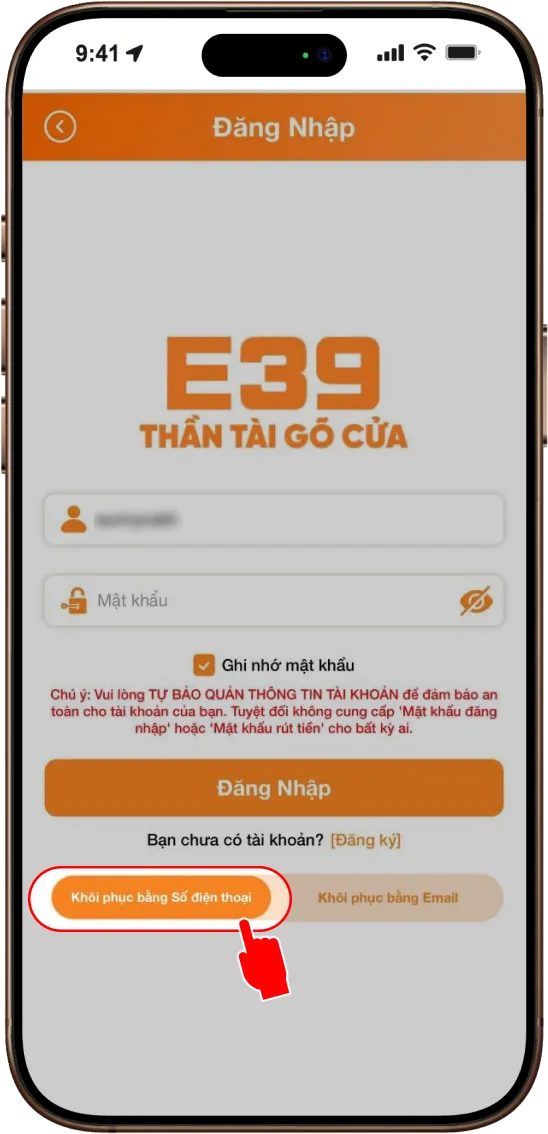 Bước 1: TẠI MỤC ĐĂNG NHẬP CHỌN KHÔI PHỤC BẰNG SĐT