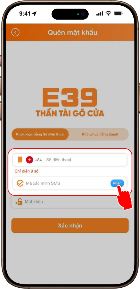 Bước 2: NHẬP SĐT ĐÃ ĐĂNG KÝ => BẤM NHẬN MÃ XÁC NHẬN