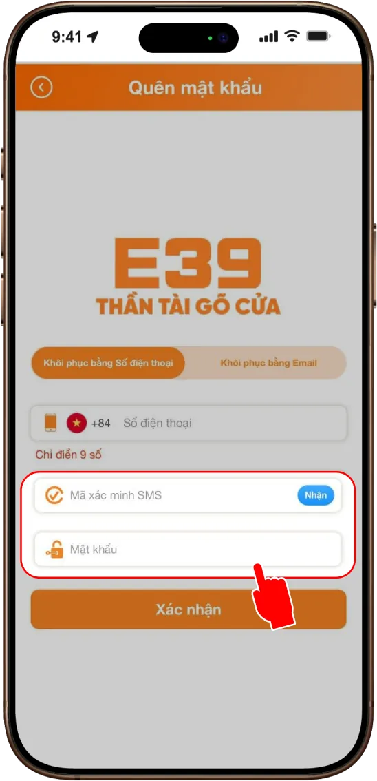Bước 3: KIỂM TRA SMS ĐỂ ĐIỀN MÃ XÁC THỰC 5 SỐ VÀ MẬT KHẨU MỚI => XÁC NHẬN