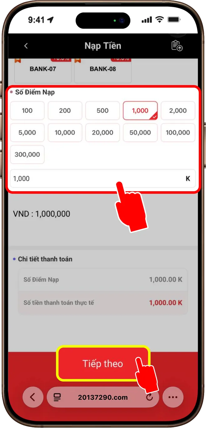 Bước 3: Nhập đúng số tiền muốn nạp (1 điểm = 1,000 VNĐ) -> CHỌN XÁC NHẬN NẠP TIỀN