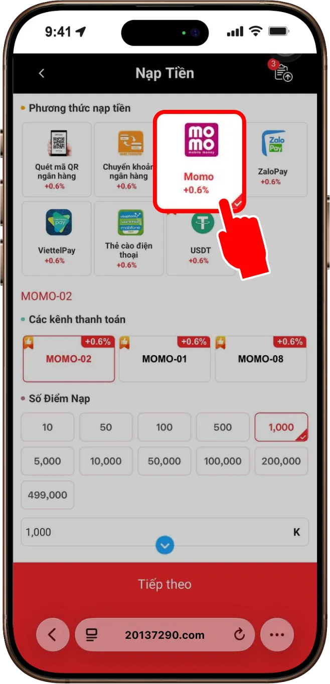 Bước 2: Chọn mục MOMO -> Chọn 1 cổng bất kỳ đang hiển thị để thanh toán