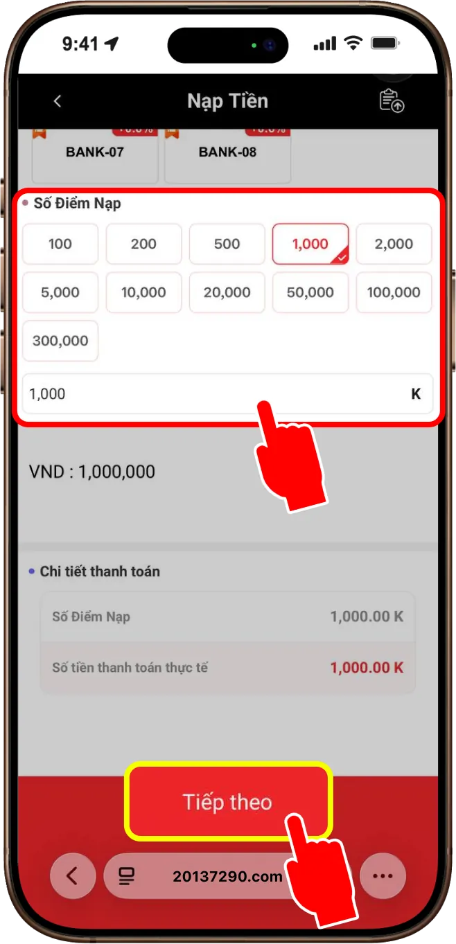 Bước 3: Nhập đúng số tiền muốn nạp (1 điểm = 1,000 VNĐ) -> CHỌN XÁC NHẬN NẠP TIỀN