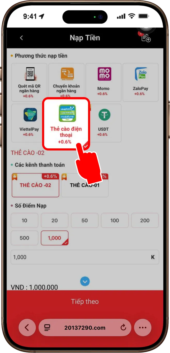 Bước 2: Chọn mục THẺ CÀO -> Chọn 1 cổng bất kỳ đang hiển thị để thanh toán