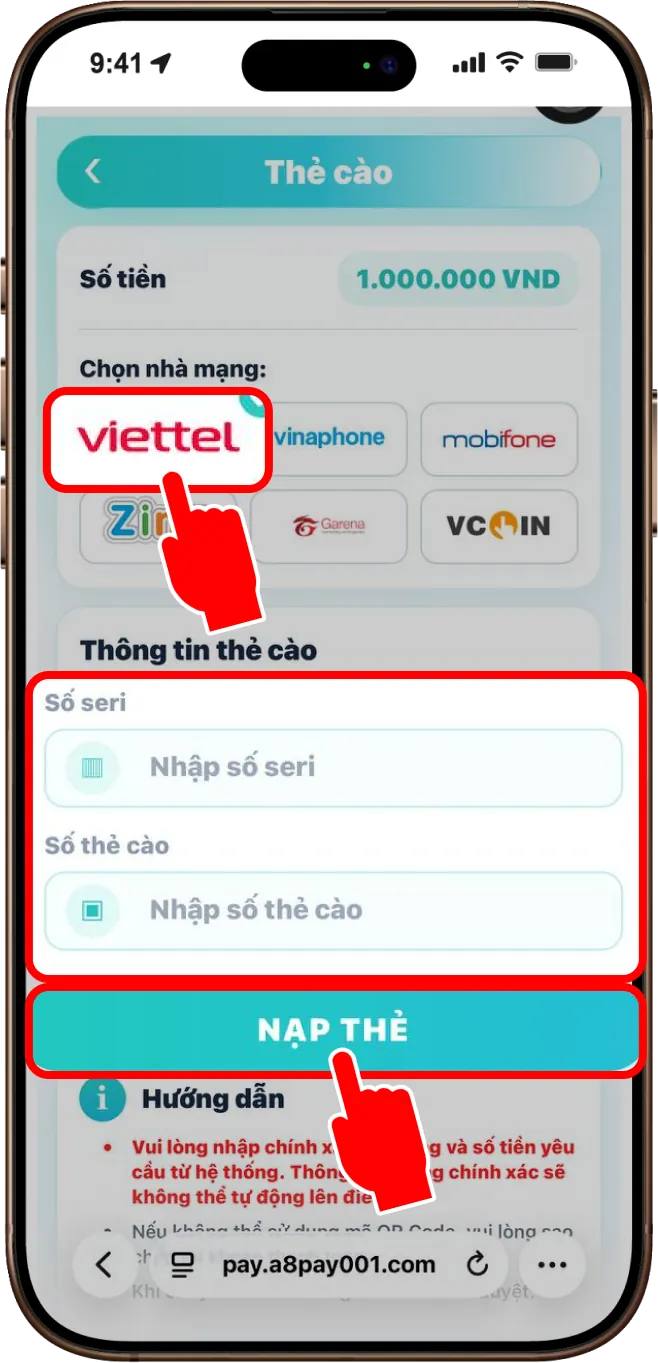 Bước 4: Chọn nhà mạng tương ứng, nhập mã thẻ và số seri. Sau đó nhấn NẠP THẺ để hoàn tất