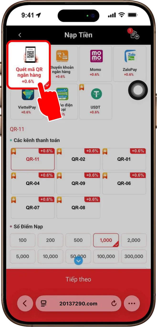 Bước 2: Chọn mục QUÉT MÃ QR NGÂN HÀNG -> Chọn 1 cổng bất kỳ đang hiển thị để thanh toán
