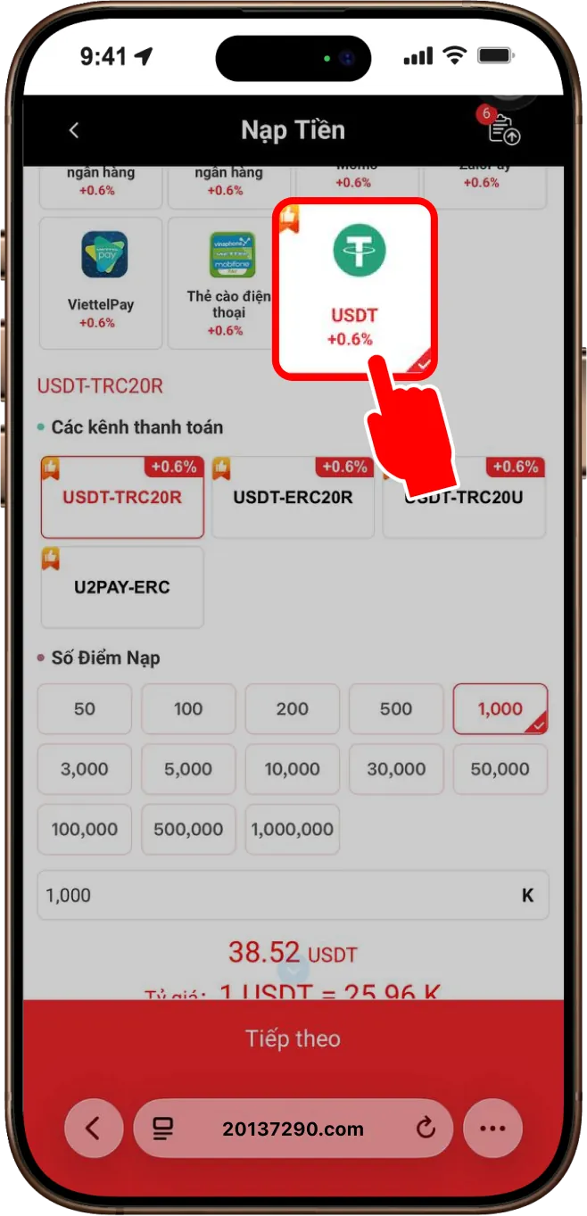 Bước 2: Chọn mục USDT -> Chọn 1 cổng bất kỳ đang hiển thị để thanh toán
