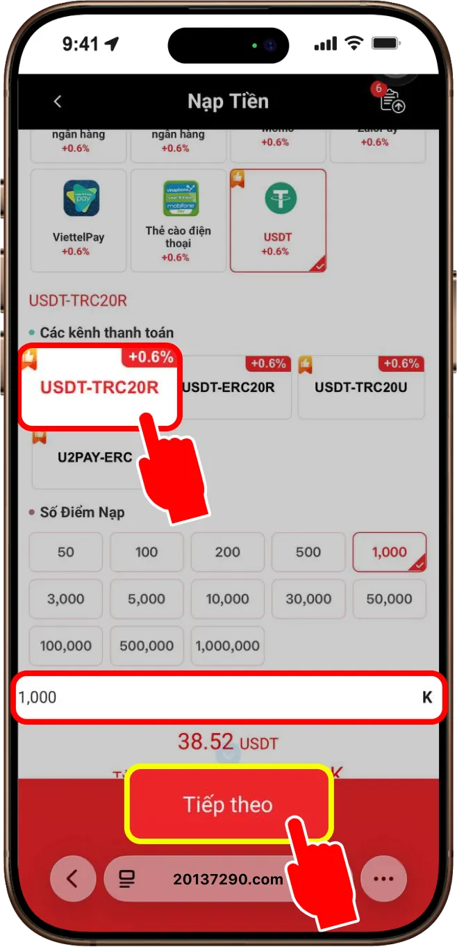 Bước 3: Chọn USDT-TRC20, nhập đúng số tiền đã chuyển khoản (1 điểm = 1,000 VNĐ). Sau đó nhấn chọn XÁC NHẬN NẠP TIỀN