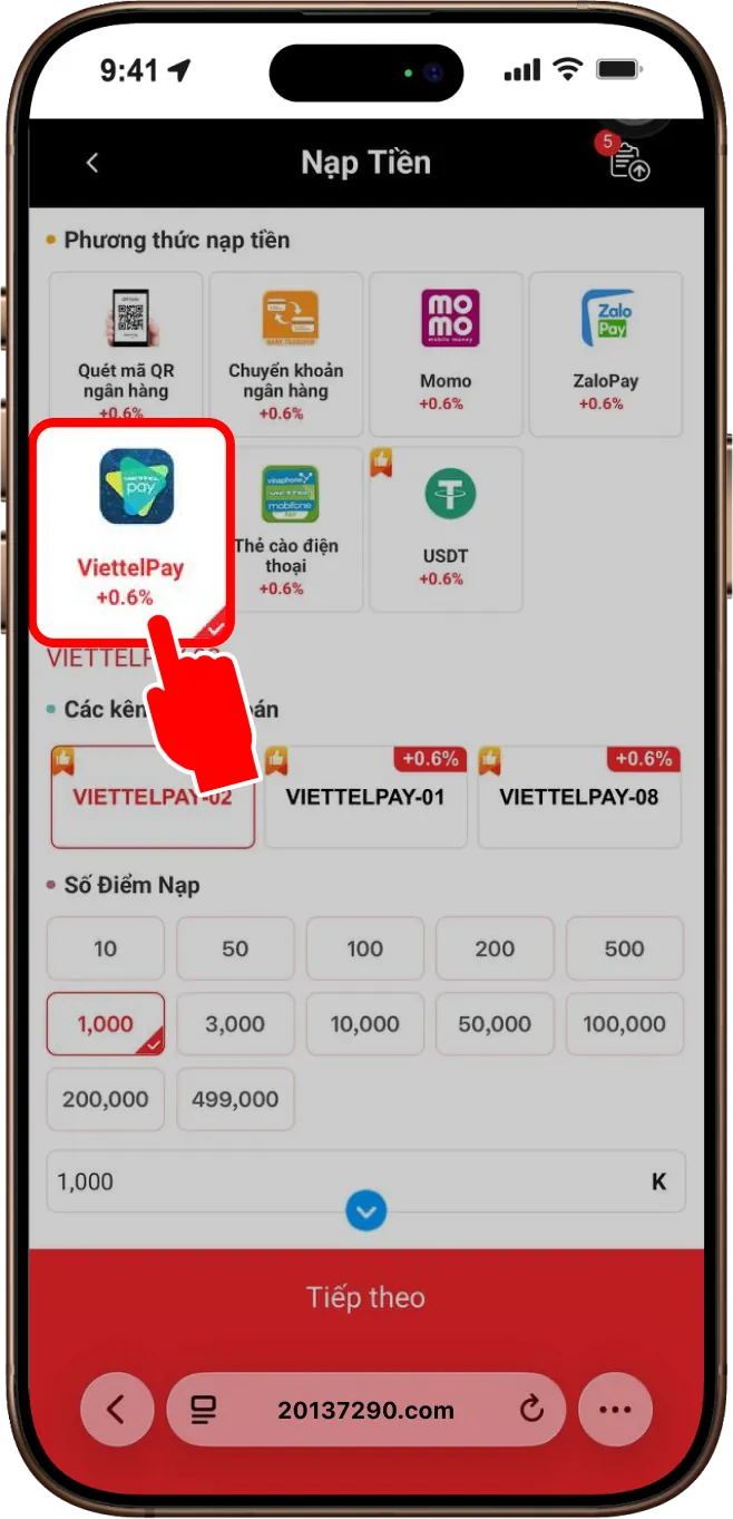 Bước 2: Chọn mục VIETTELPAY -> Chọn 1 cổng bất kỳ đang hiển thị để thanh toán