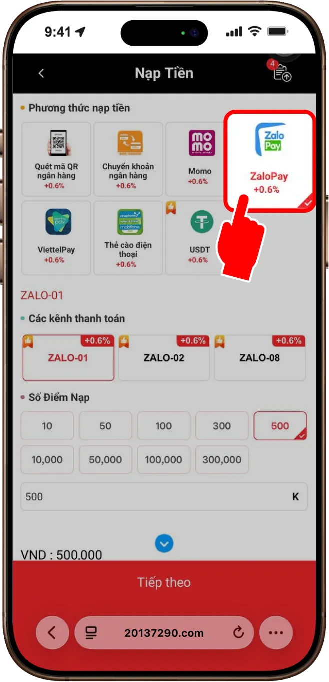 Bước 2: Chọn mục ZALOPAY -> Chọn 1 cổng bất kỳ đang hiển thị để thanh toán